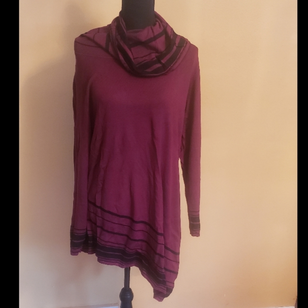 Ashley Stewart Burgundy Black Cowl Neck Sweater Tunic Size 14/16 - Picture 3 of 4